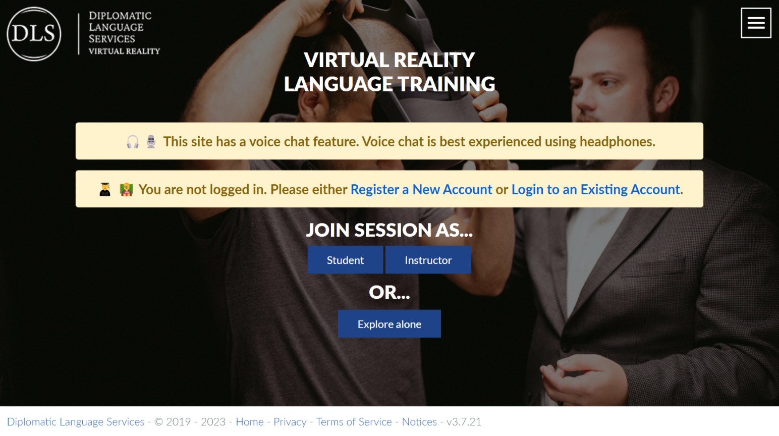 Screenshot of DLS VR Landing Page